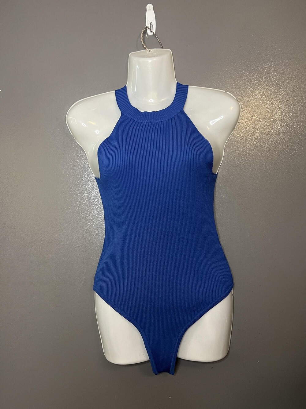 Happily Grey Bodysuit Womens Large Blue Ribbed Sleeveless High Neck Stretch